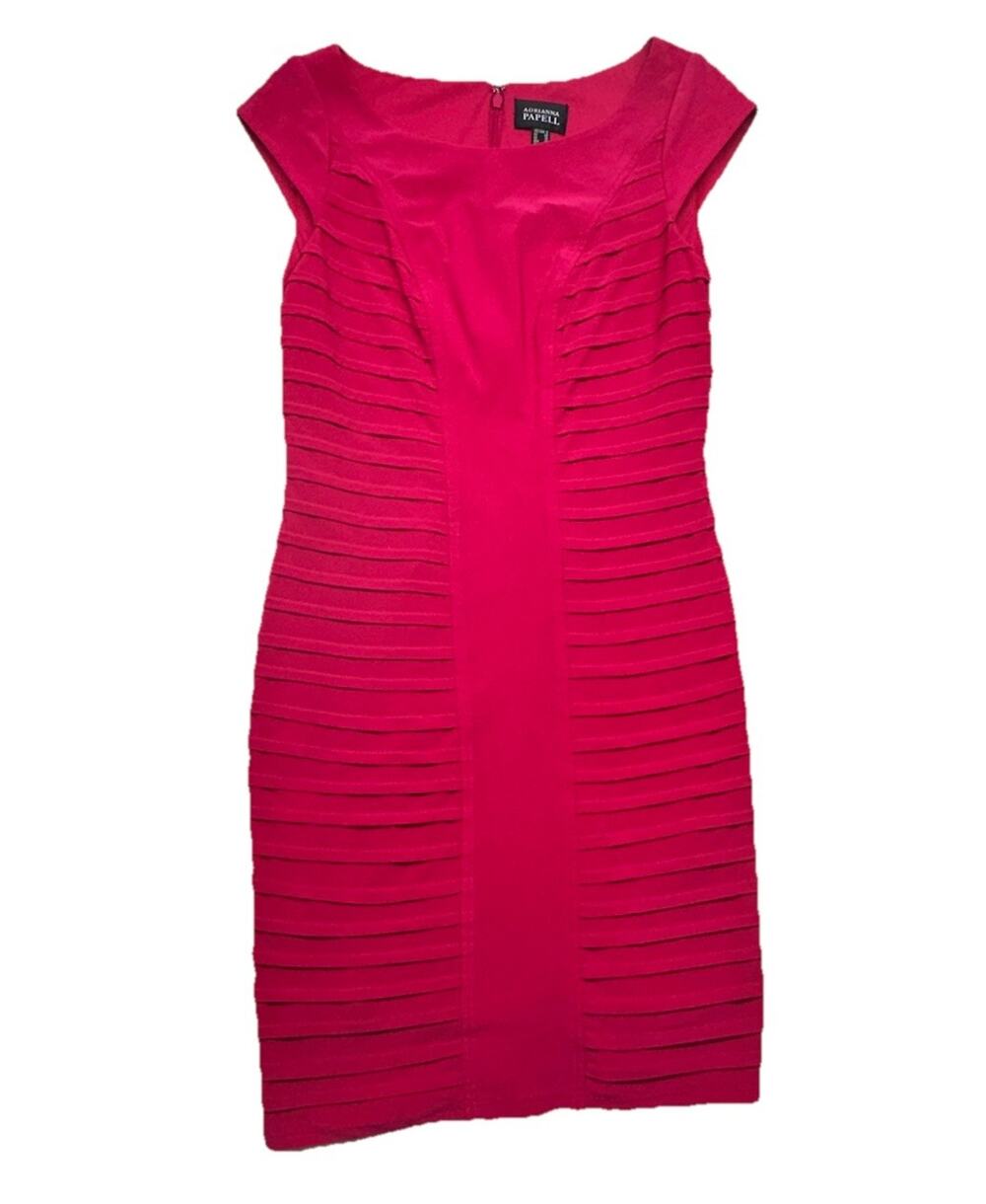 Adrianna Papell Dress Size 6 Pink Sheath Tiered Round Neck Cap Sleeve Stretch